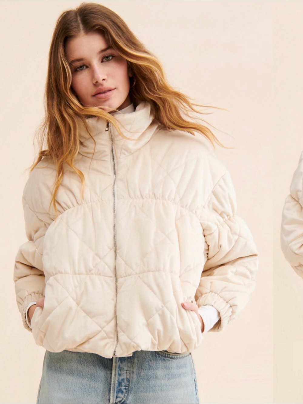 Cosmic Quilted velvet Puffer Jacket - Cream size medium